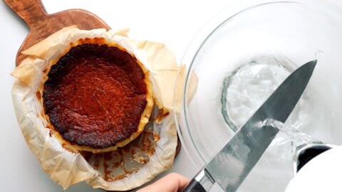 To cut clean slices from Basque Cheesecake, heat your knife with boiling water between each cut.