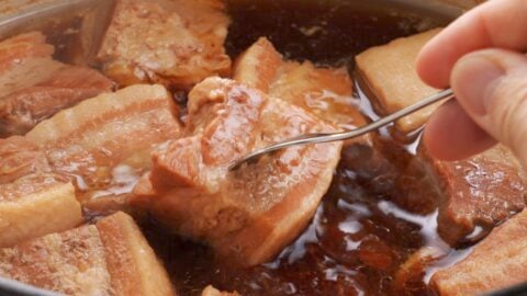 Fork-tender braised pork belly cubes.