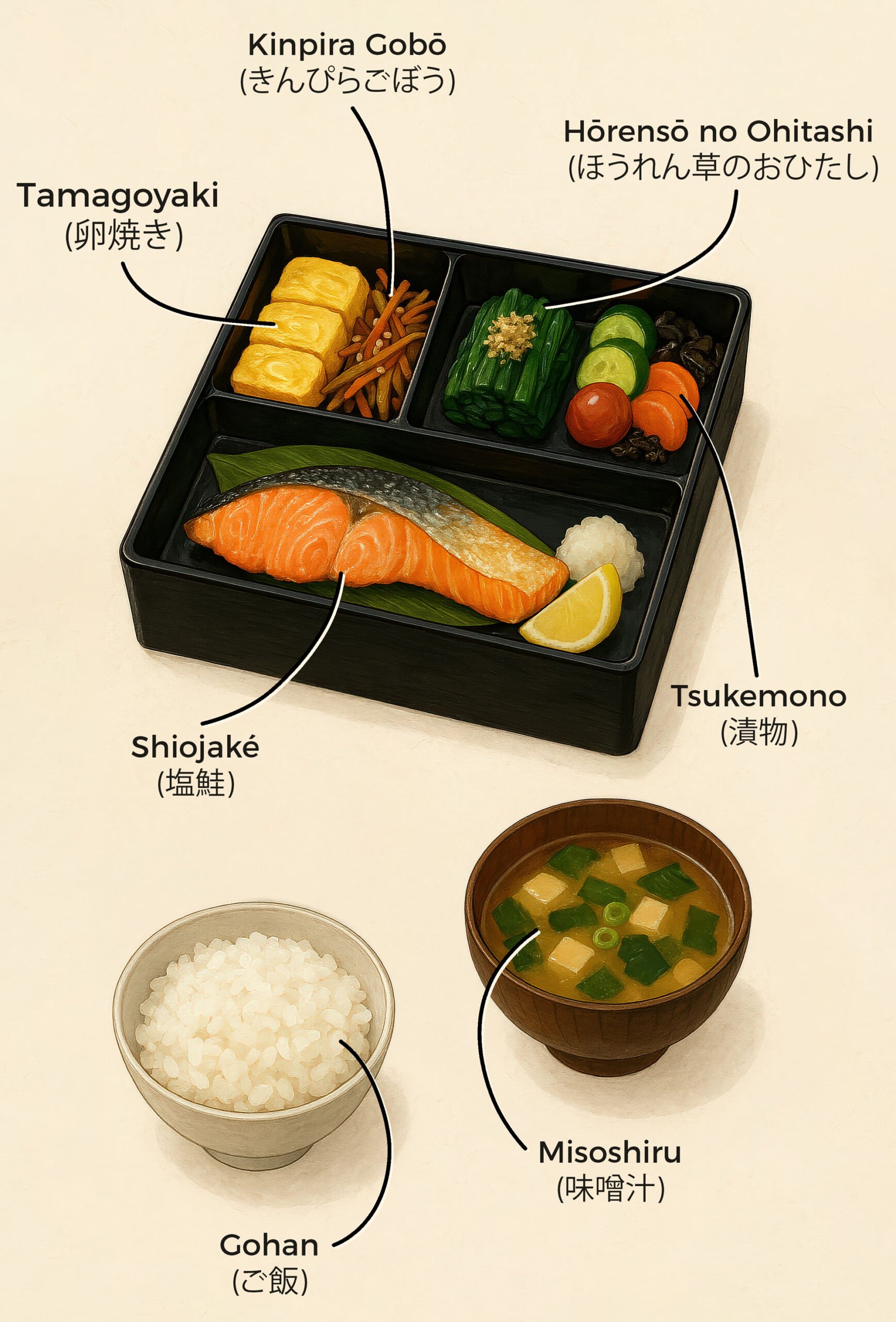Japanese breakfast bento box infographic with Tamagoyaki, Kinpira Gobō, Hōrensō no Ohitashi, Tsukemono, and Shiojaké. Served with bowls of steamed rice (Gohan) and miso soup (Misoshiru). Each item is labeled in English and Japanese.