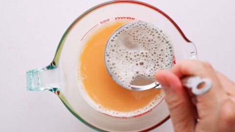 Skim off any foam from the surface of the custard for a smooth chawanmushi.