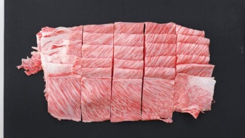 Thinly sliced A5 grade wagyu beef for gyudon.