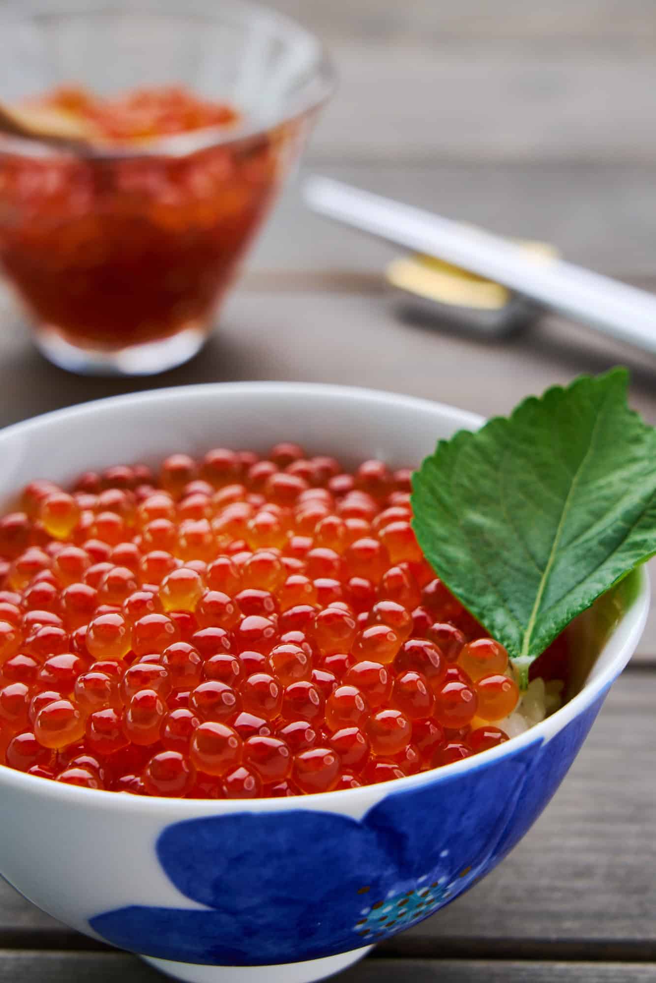 Ikura don with homemade ikura (salmon roe) on a hot bowl of rice.