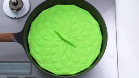 Pan covered with a green drop lid.