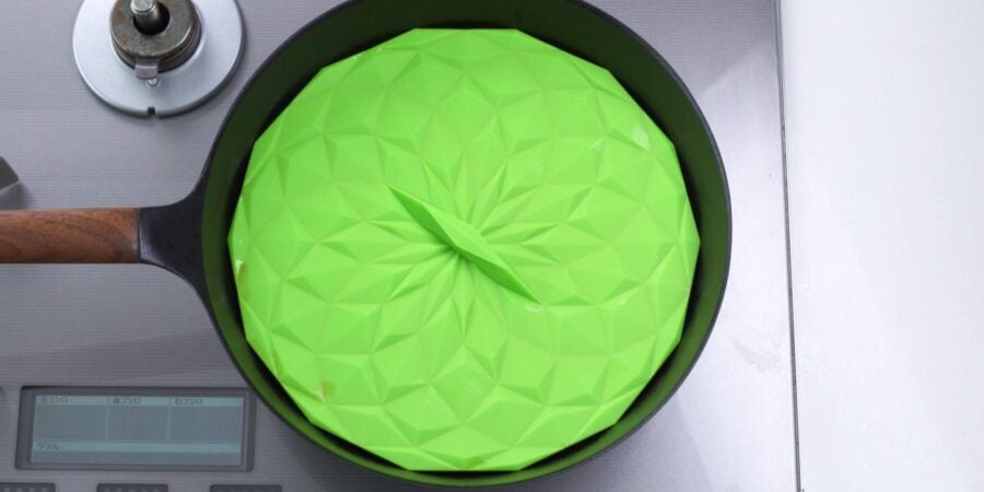 Pan covered with a green drop lid.