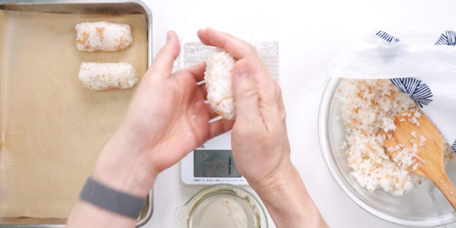Making inari sushi rice balls.