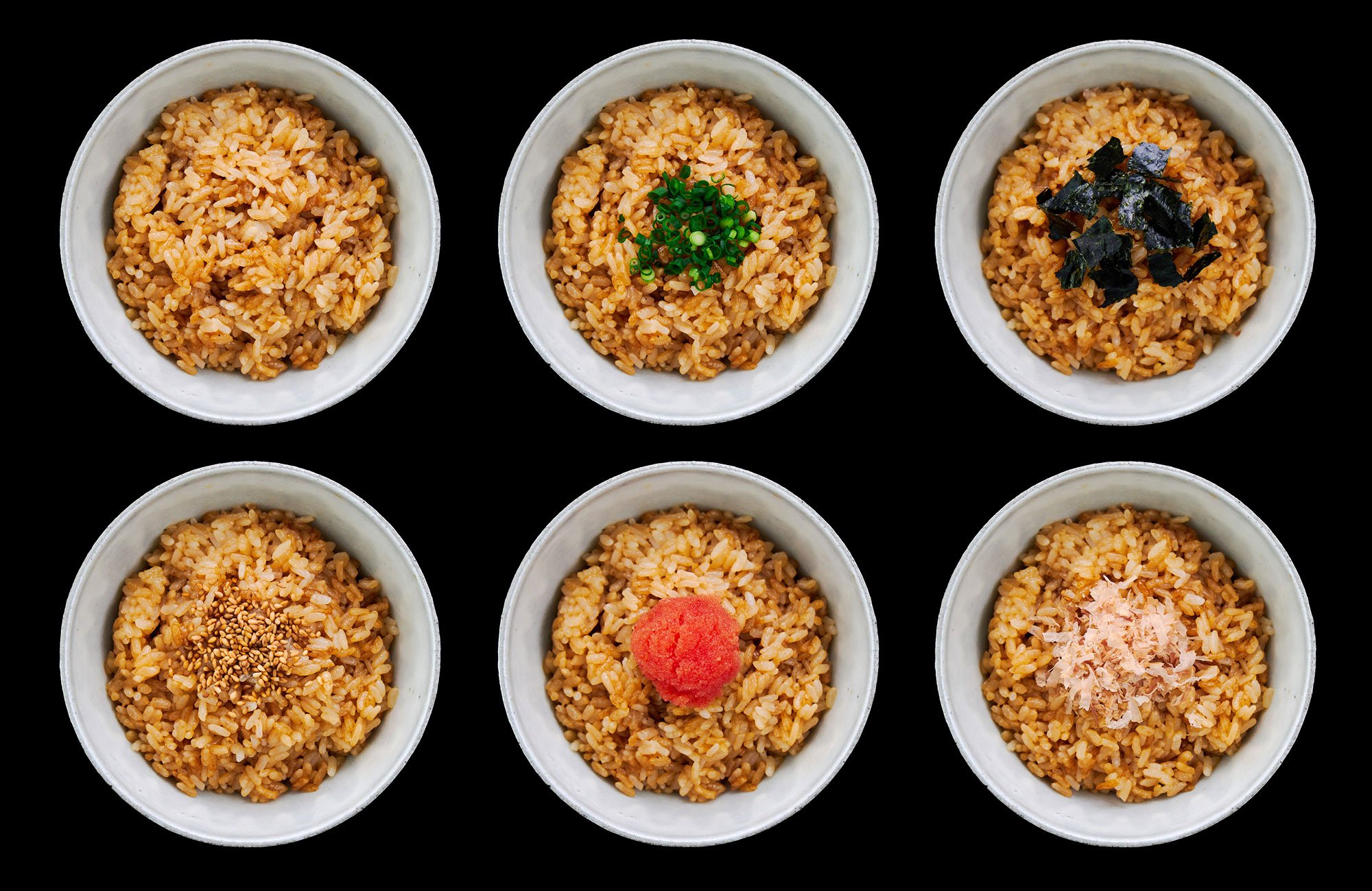 Soy Sauce Butter Rice with various toppings including scallions, nori, toasted sesame seeds, mentaiko, and katsuobushi.