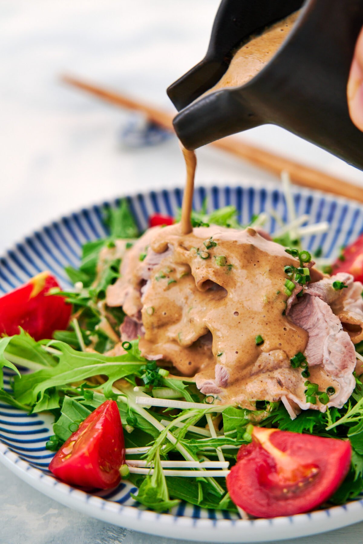Shabu Shabu Salad with nutty Japanese sesame dressing is a quick yet satisfying meal for a hot summer day.