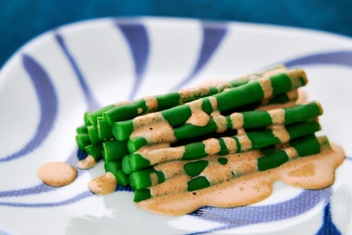 Japanese Sesame Sauce (Goma Dare) poured over steamed green beans.