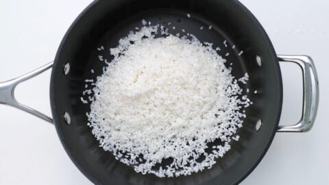 Washed Japanese short-grain rice in a pot.
