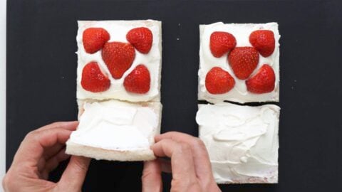 Assembling a Japanese strawberry sandwich.
