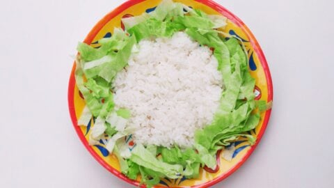 Plate of rice with a ring of lettuce.