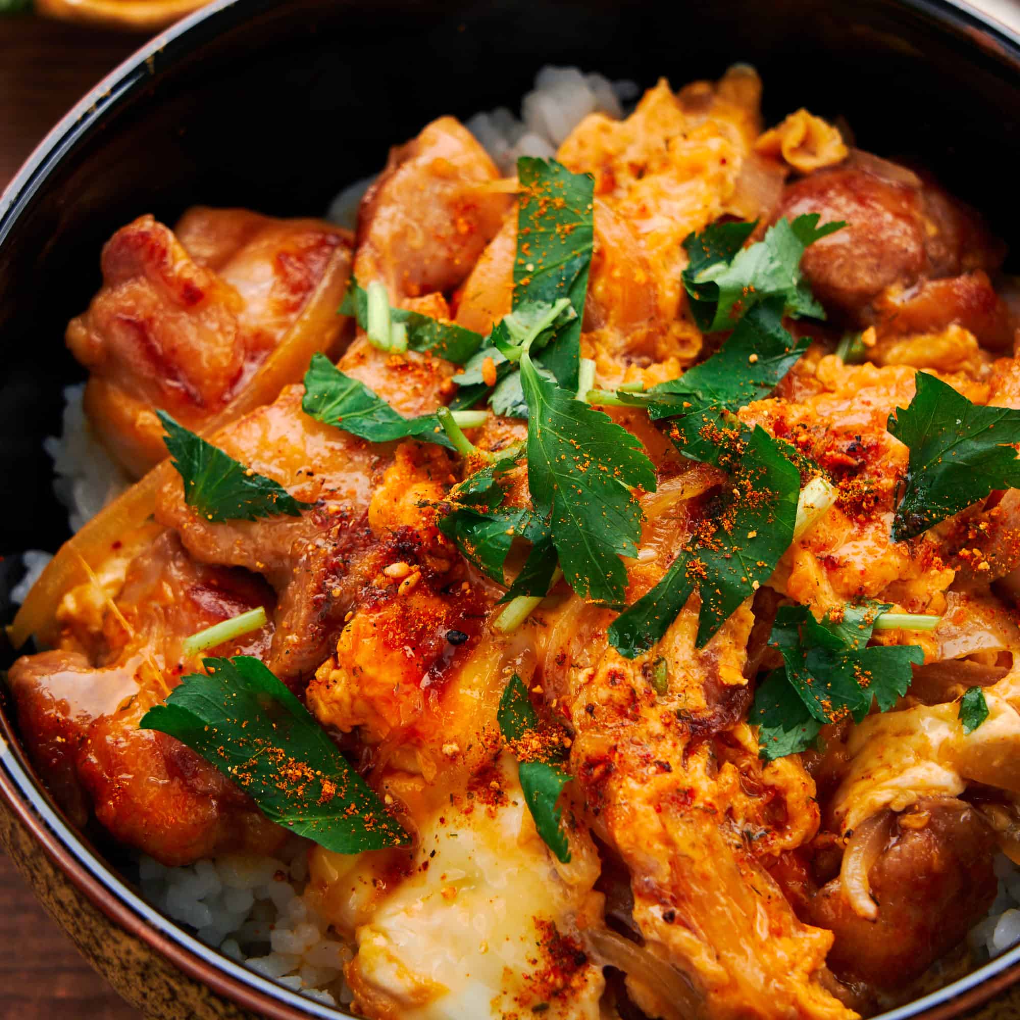Bowl of Japanese Oyakodon, highlighting the intricate interplay between the velvety egg and juicy chicken pieces all over a bowl of rice.