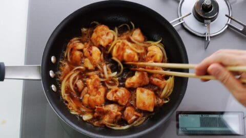 Chicken and onions cooking in dashi for oyakodon.