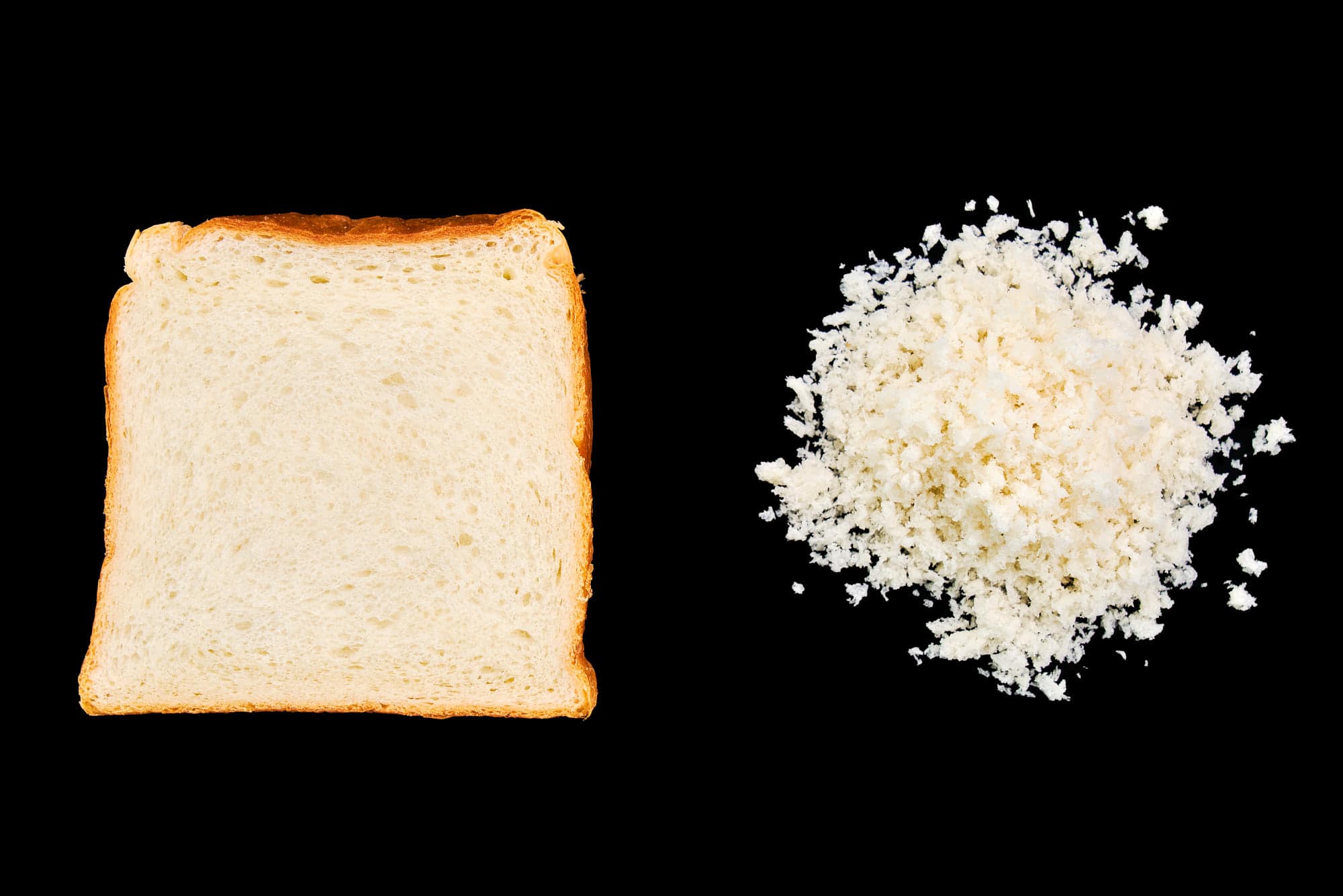 Japanese sandwich bread (left) can easily be turned into panko bread crumbs (right).