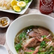 Tasty beef Pho Tai Nam with toppings.