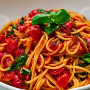 Side-view of a bowl of Pasta Pomodoro, showing the depth and layers of spaghetti intertwined with chunks of ripe tomatoes and basil leaves.