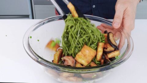 Soba noodle salad with tofu and shiitake mushrooms.