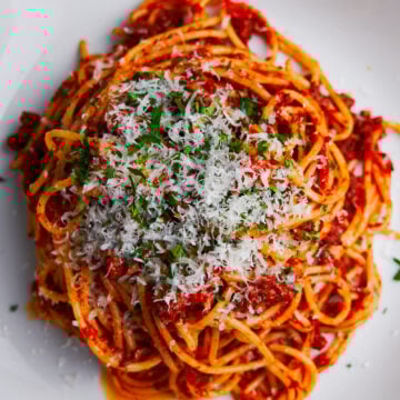 Overhead view of the best spaghetti from scratch on a white plate sprinkled with parmesan and parsley.