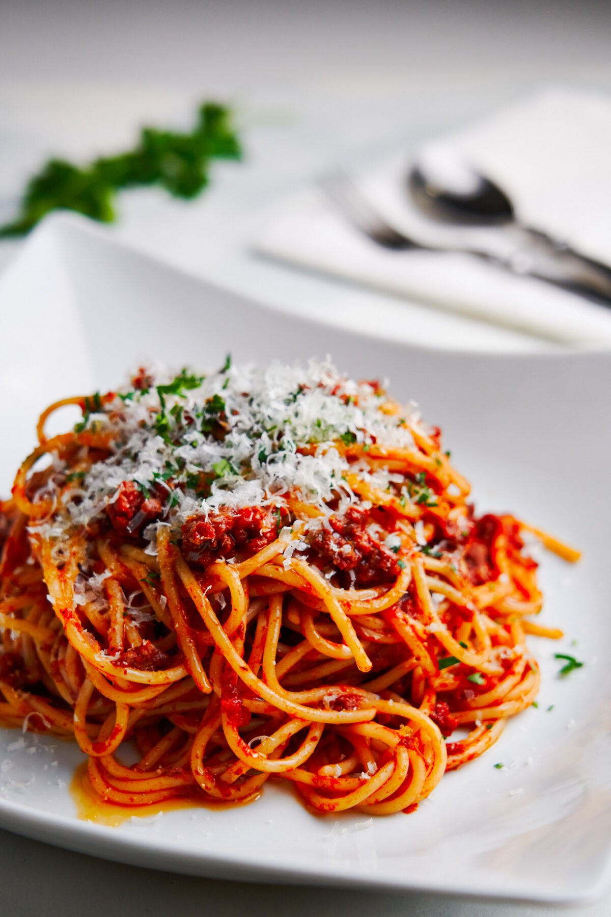 A plate of easy spaghetti and meat sauce that comes together in under 30 minutes from scratch. 