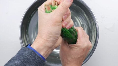 Squeezing excess liquid from a bundle of spinach.