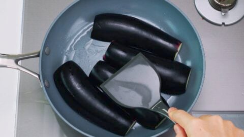 Fry the eggplant cut-side down.