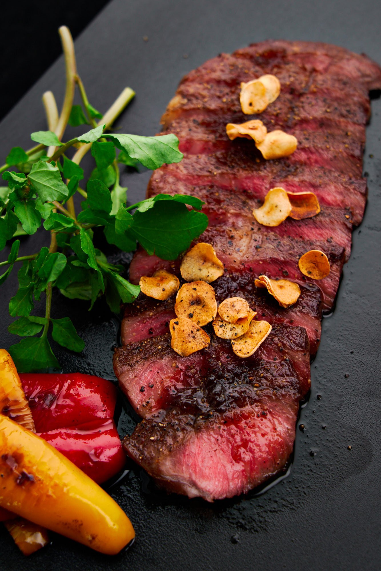 A5 grade wagyu steak with Japanese steak sauce and crispy garlic chips.