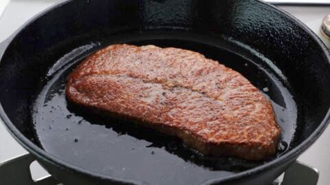 Brown crust on an A5 wagyu top blade steak.