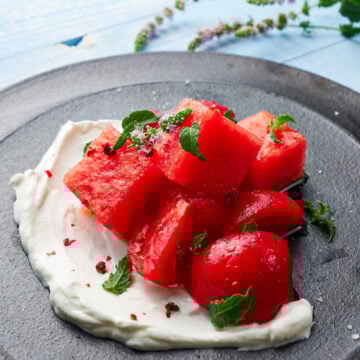 Watermelon, tomato, labneh and mint salad with a tangy lime dressing.