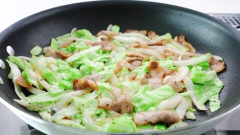 Pork belly, cabbage and onions stir-fried for yakisoba.